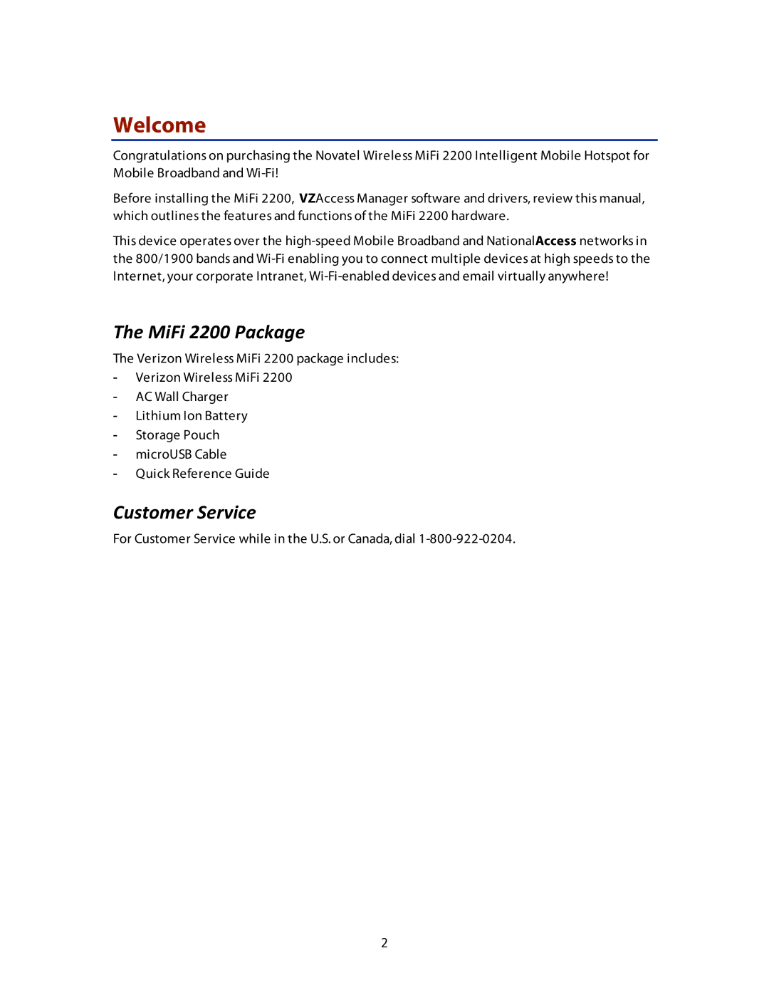 Verizon MiFi 2200 manual Welcome, The MiFi 2200 Package , Customer Service  